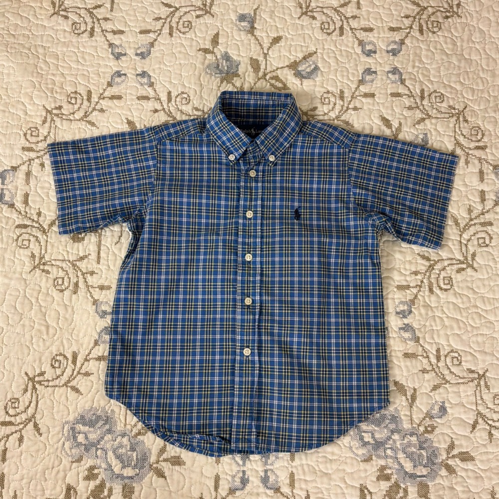 Ralph Lauren Button Down Shirt Toddler 4T Blue Excellent Plaid Short Sleeve